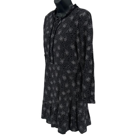 LOFT Short Dress WMNS 6P Shift Black White Dotted Floral Ruffle Hem Tie Neck - Picture 3 of 6